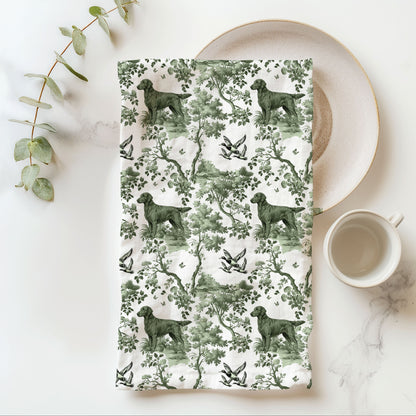 Flat-Coated Retriever Cotton Tea Towels - Sage Green Toile Pattern