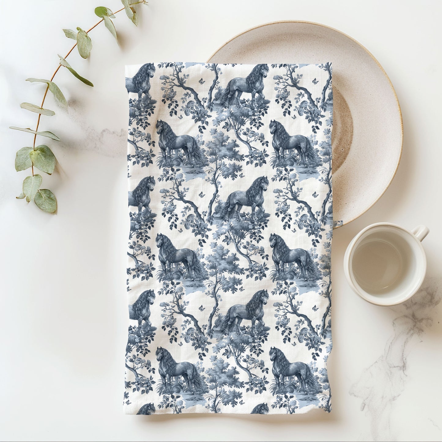 Friesian Horse blue toile cotton tea towel