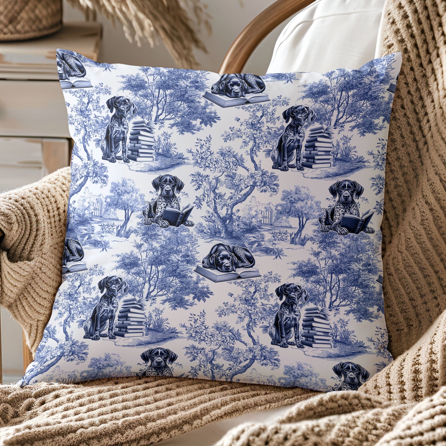 German Shorthaired Pointer Pillow - Toile Reading