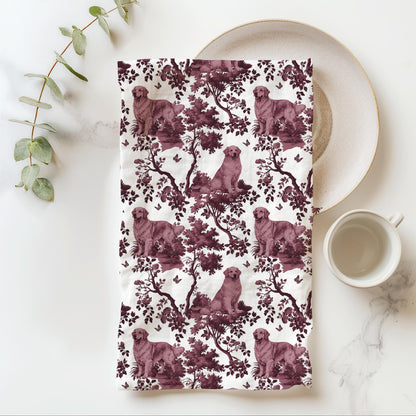 Golden Retriever Tea Towel with cranberry toile design, folded beside a plate and cup.