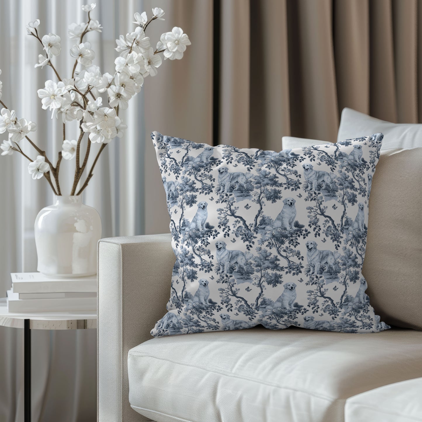 Golden Retriever Pillow Cover - Blue Toile Pattern