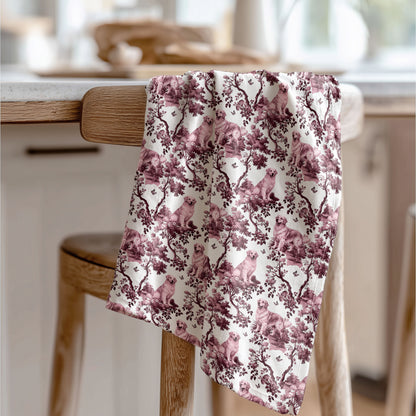 Golden Retriever Cotton Tea Towels - Red Toile Pattern