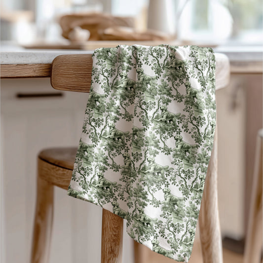 Golden Retriever Cotton Tea Towels - Sage Green Toile Pattern