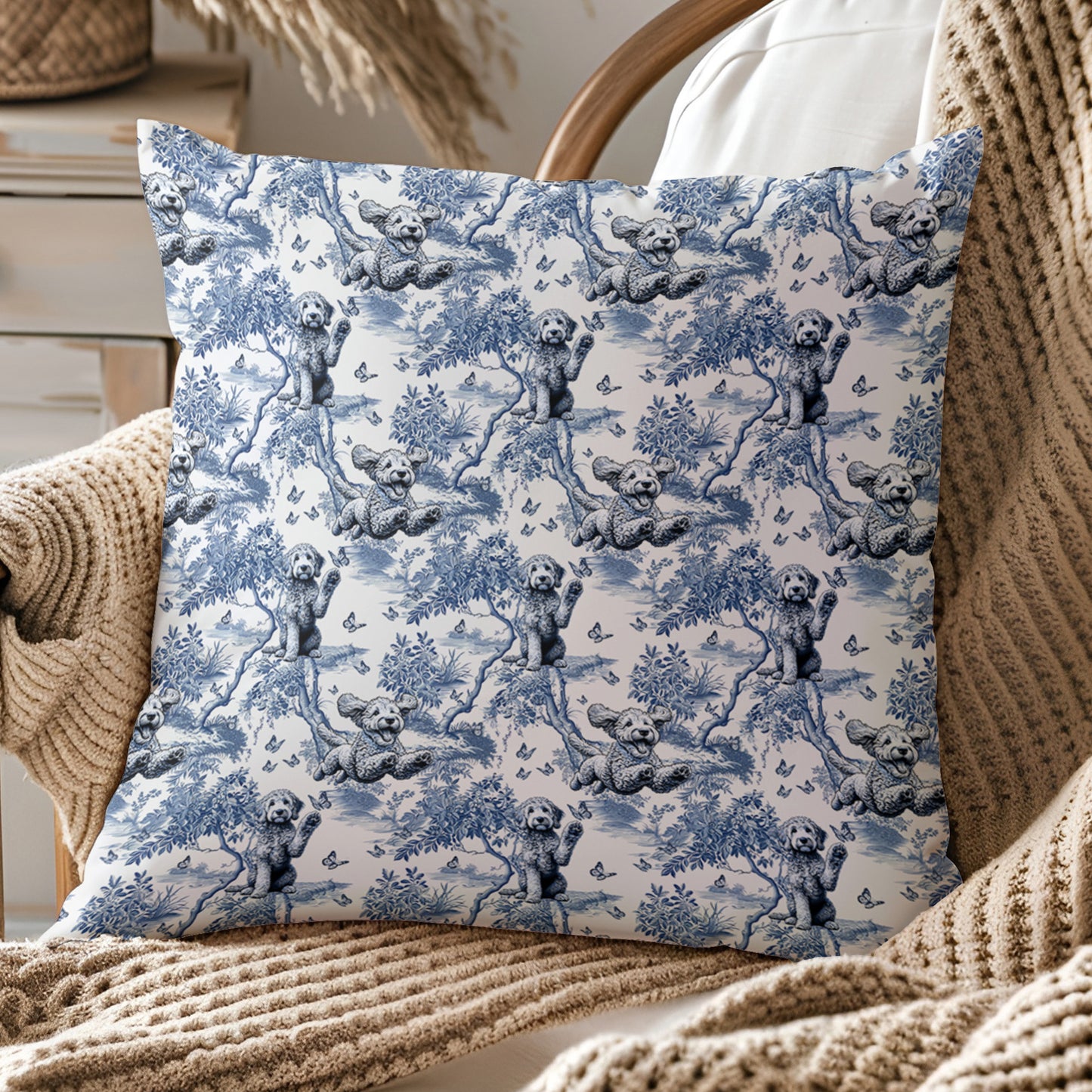 Goldendoodle Pillow Cover - Blue Toile Pattern