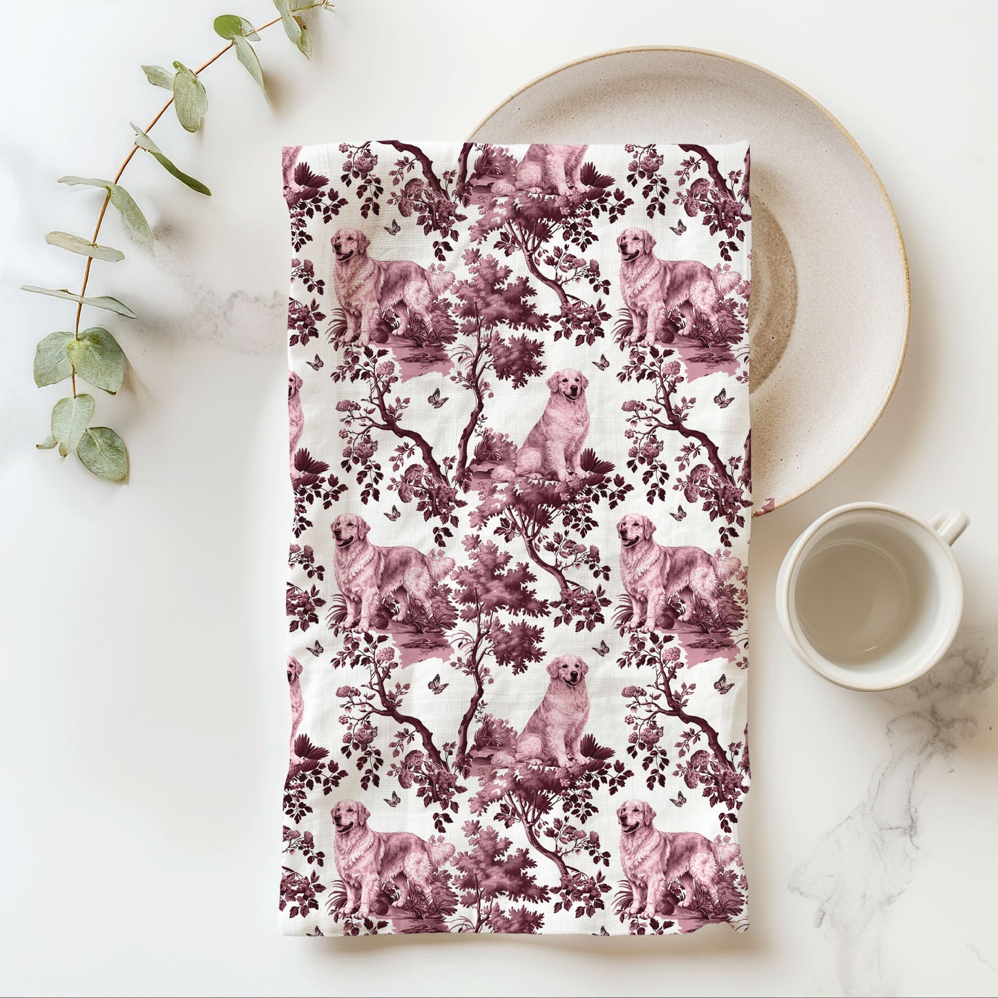 Golden Retriever Cotton Tea Towels - Red Toile Pattern