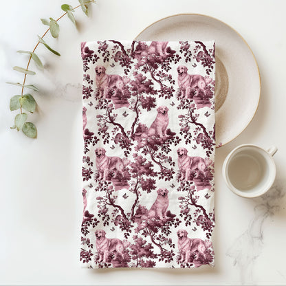 Golden Retriever Cotton Tea Towels - Red Toile Pattern