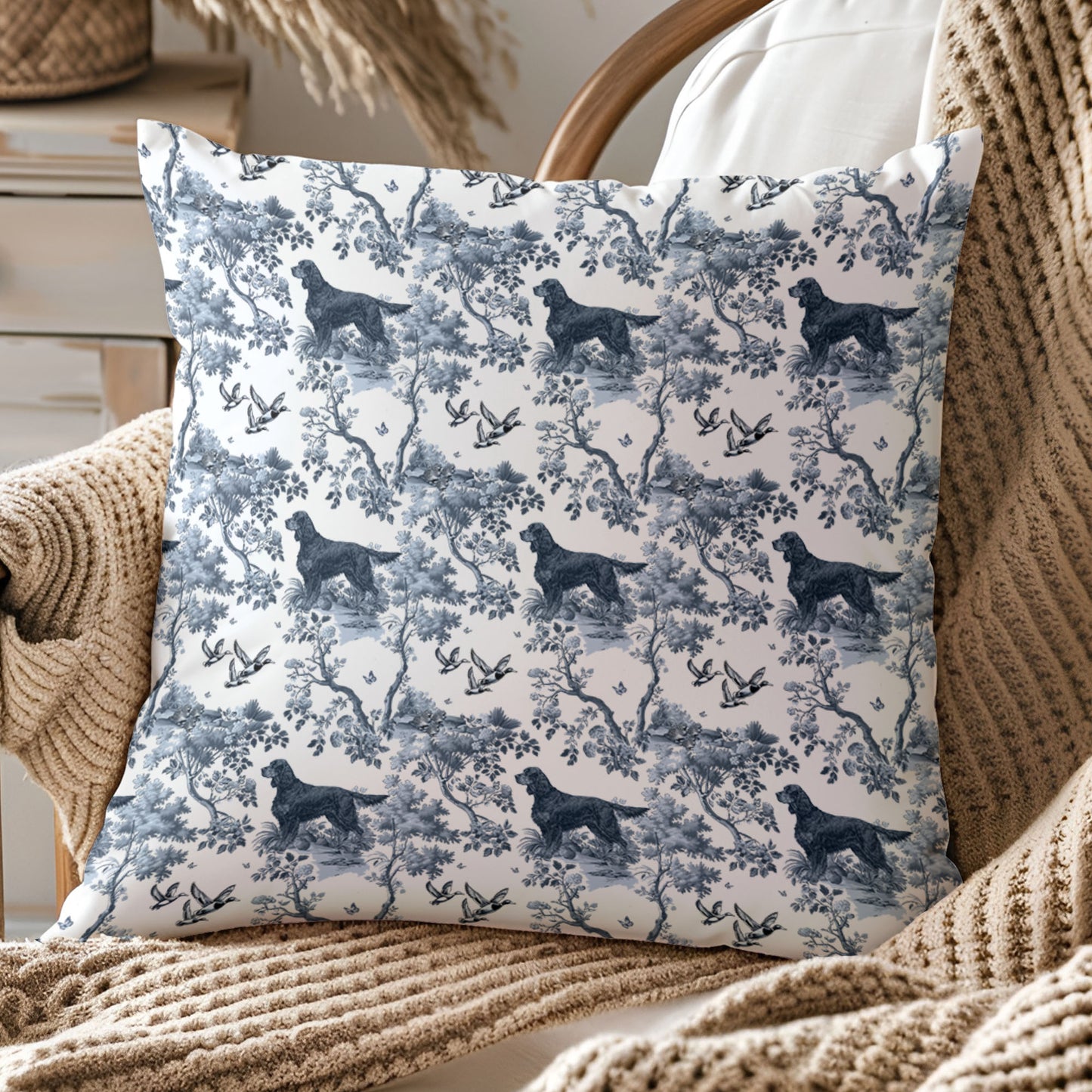 Gordon Setter Pillow Cover - Blue Toile Pattern