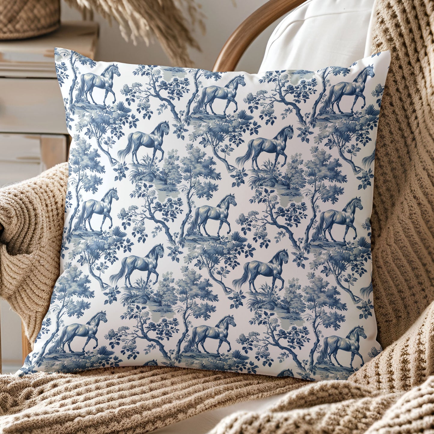 Horse equestrian toile throw pillow cover displayed on a beige knit blanket