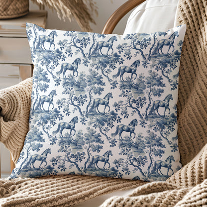 Horse equestrian toile throw pillow cover displayed on a beige knit blanket