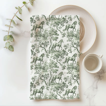 Horse Cotton Tea Towels - Sage Green Toile Pattern