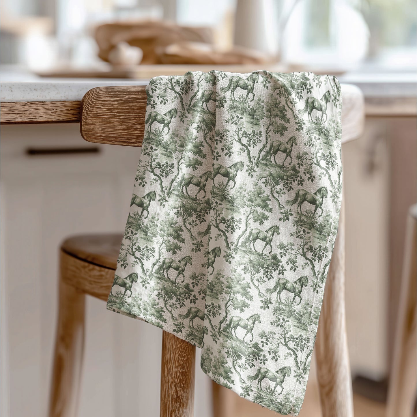 Horse Cotton Tea Towels - Sage Green Toile Pattern