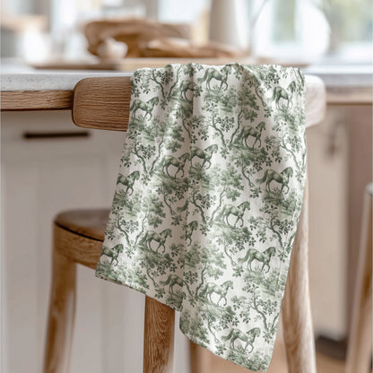 Horse Cotton Tea Towels - Sage Green Toile Pattern