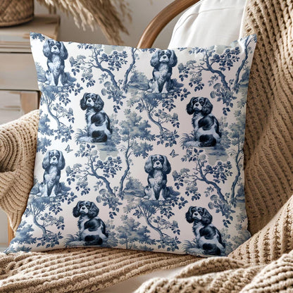 Decorative pillow with cavalier King Charles spaniel dog pattern on a chair