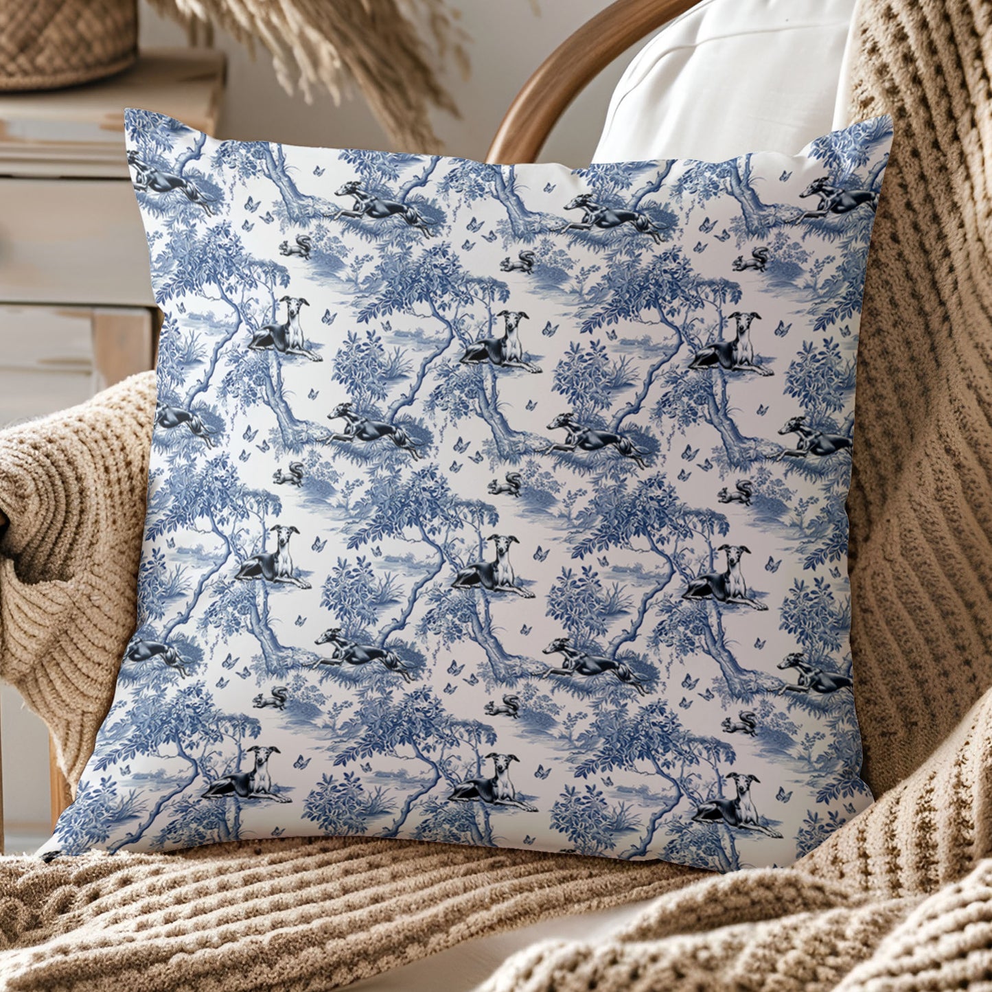 Italian Greyhound Pillow Cover - Blue Toile Pattern