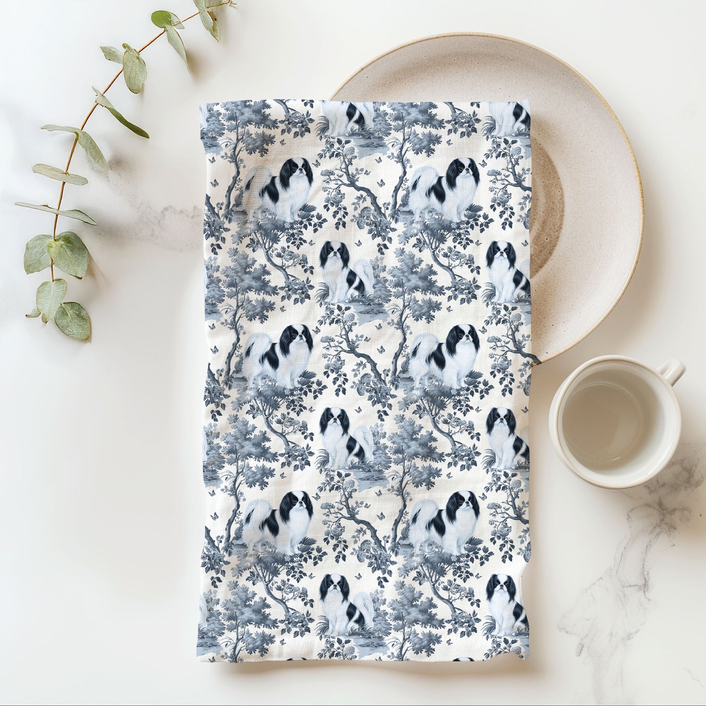 Japanese Chin blue toile cotton tea towel