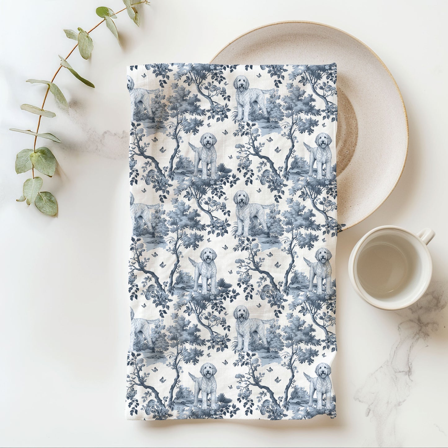 Labradoodle blue toile cotton tea towel