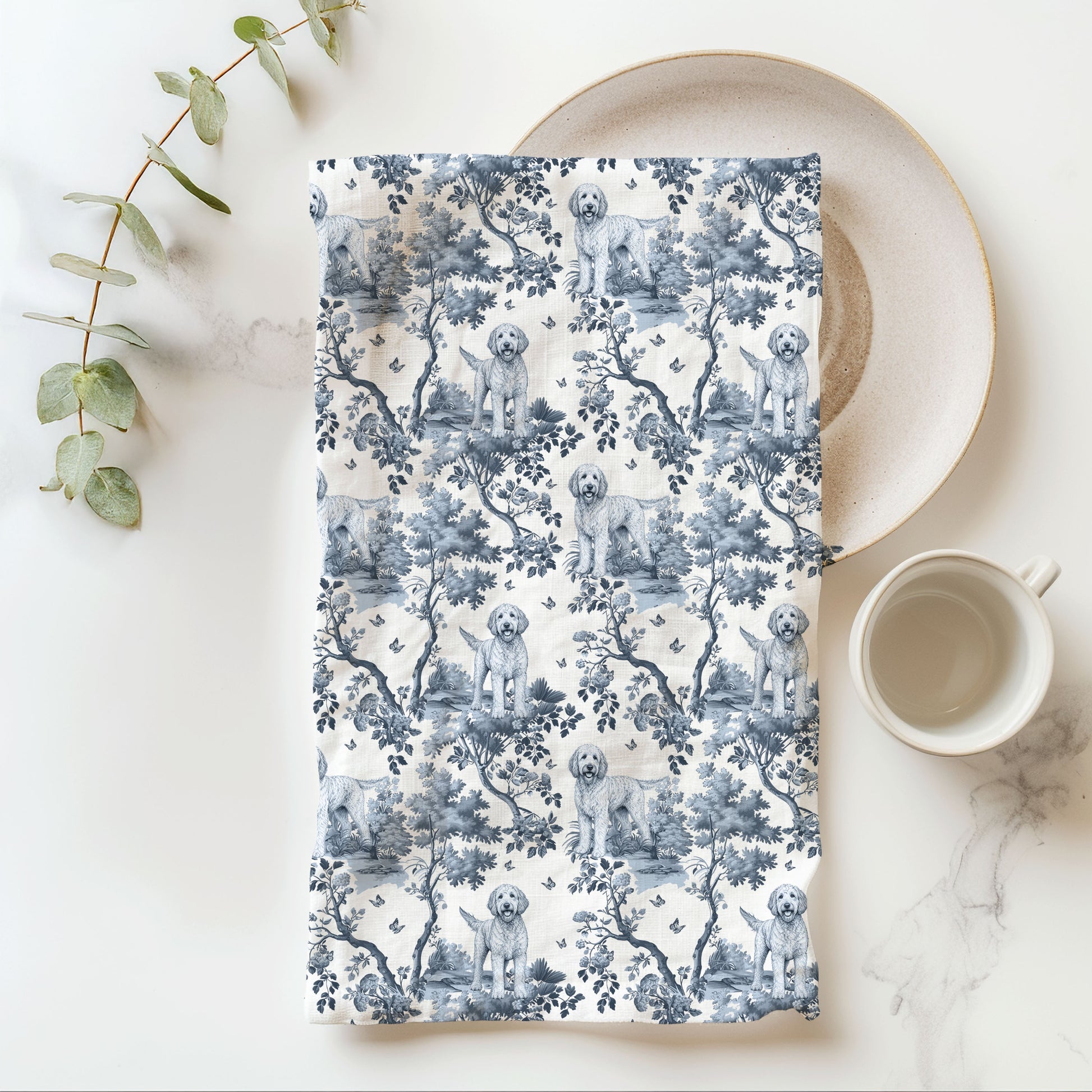 Labradoodle blue toile cotton tea towel