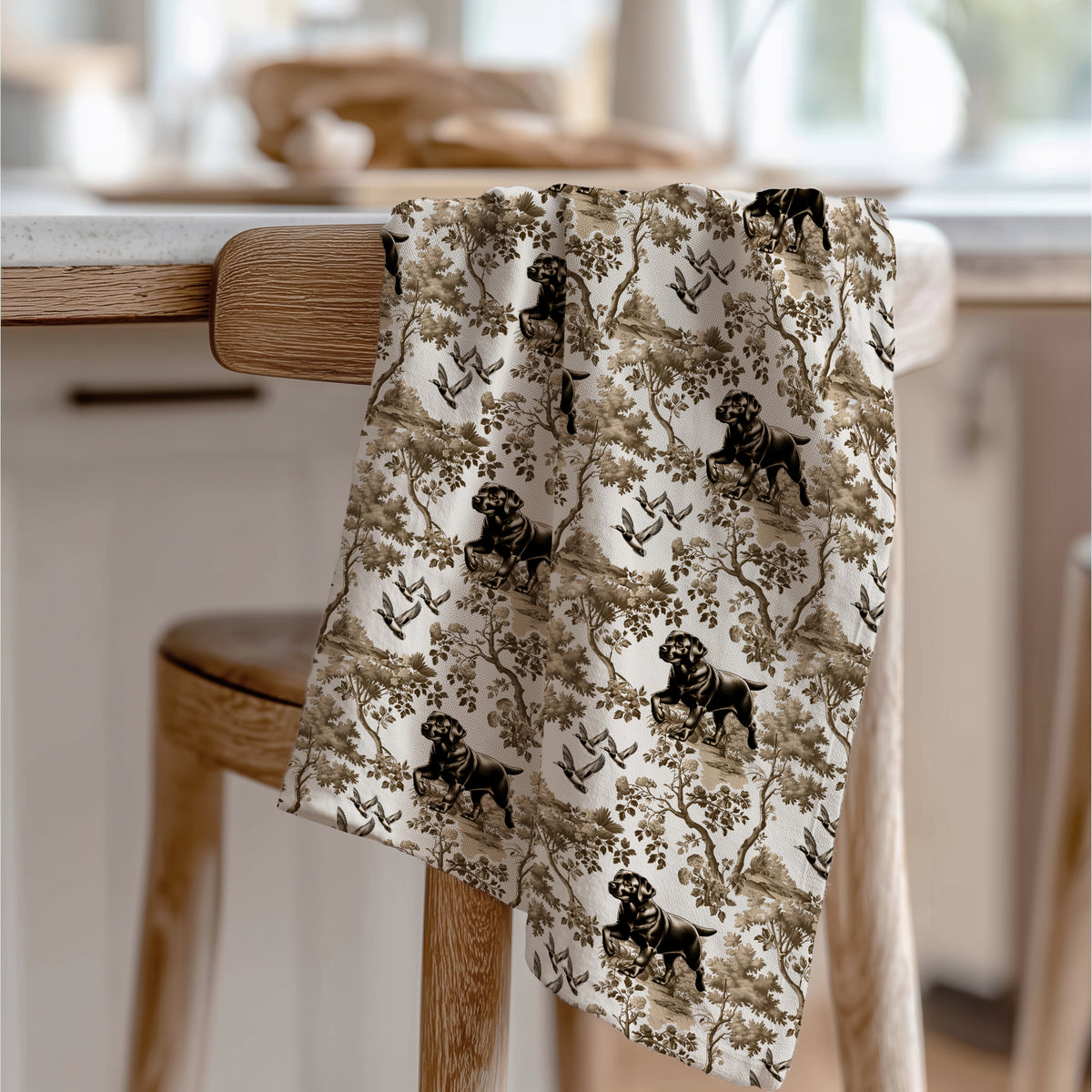 Black Labrador Tea Towel with brown and tan toile design, draped over a wooden chair in a kitchen.