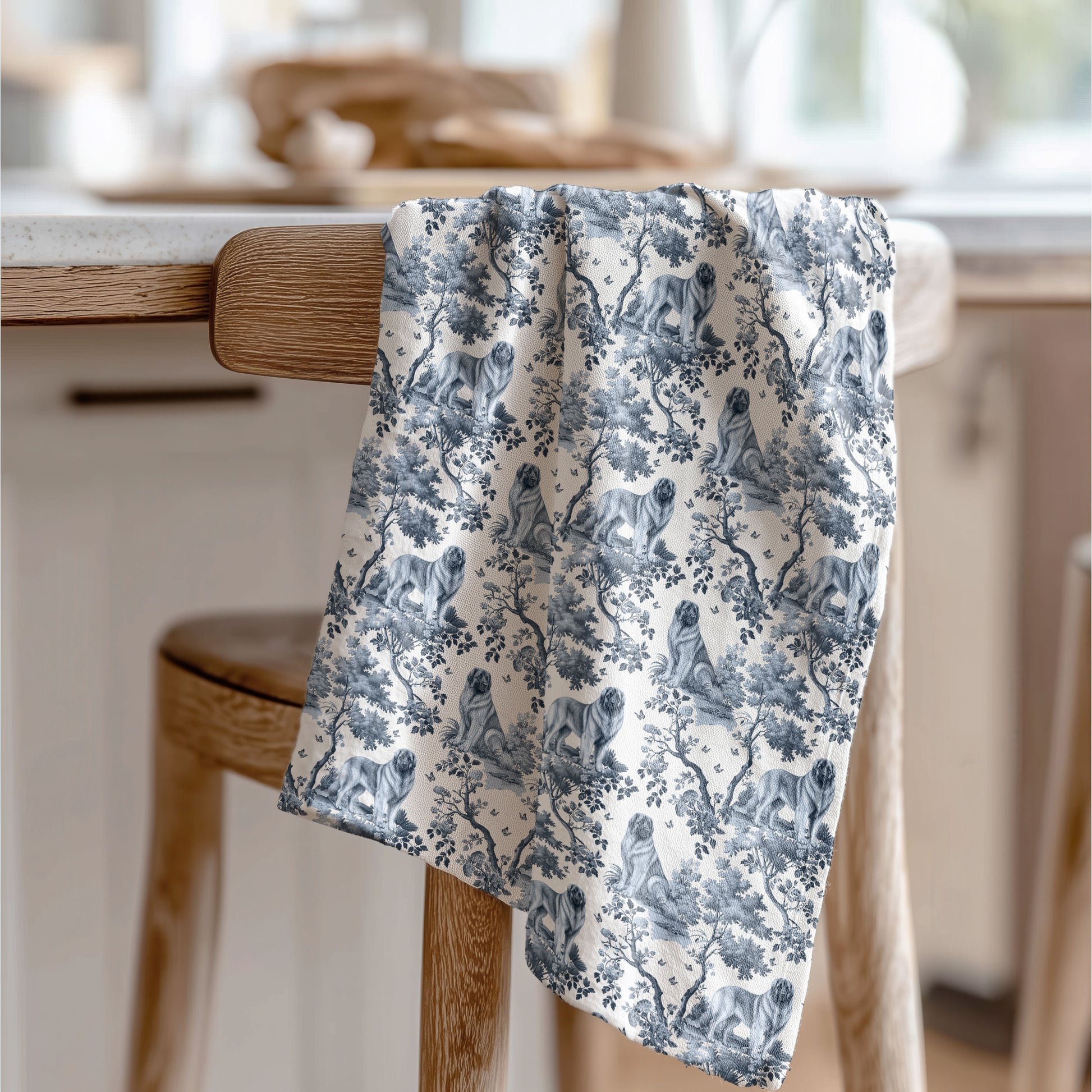 Leonberger blue toile tea towel displayed in a kitchen