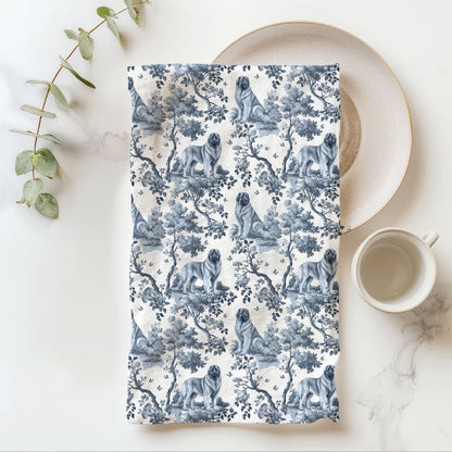 Leonberger blue toile cotton tea towel