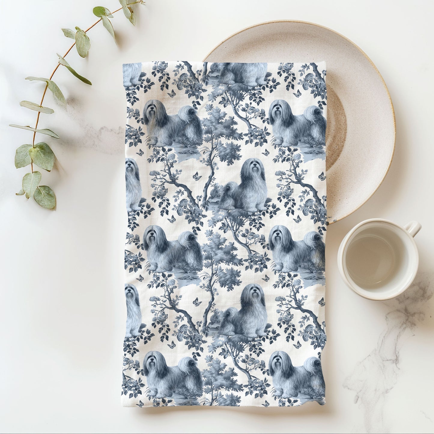 Lhasa Apso Cotton Tea Towels - Toile Pattern