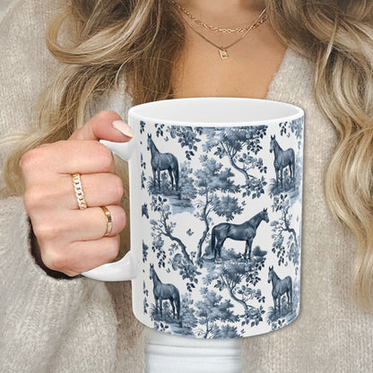 Thoroughbred Horse Mug - Blue Toile Pattern