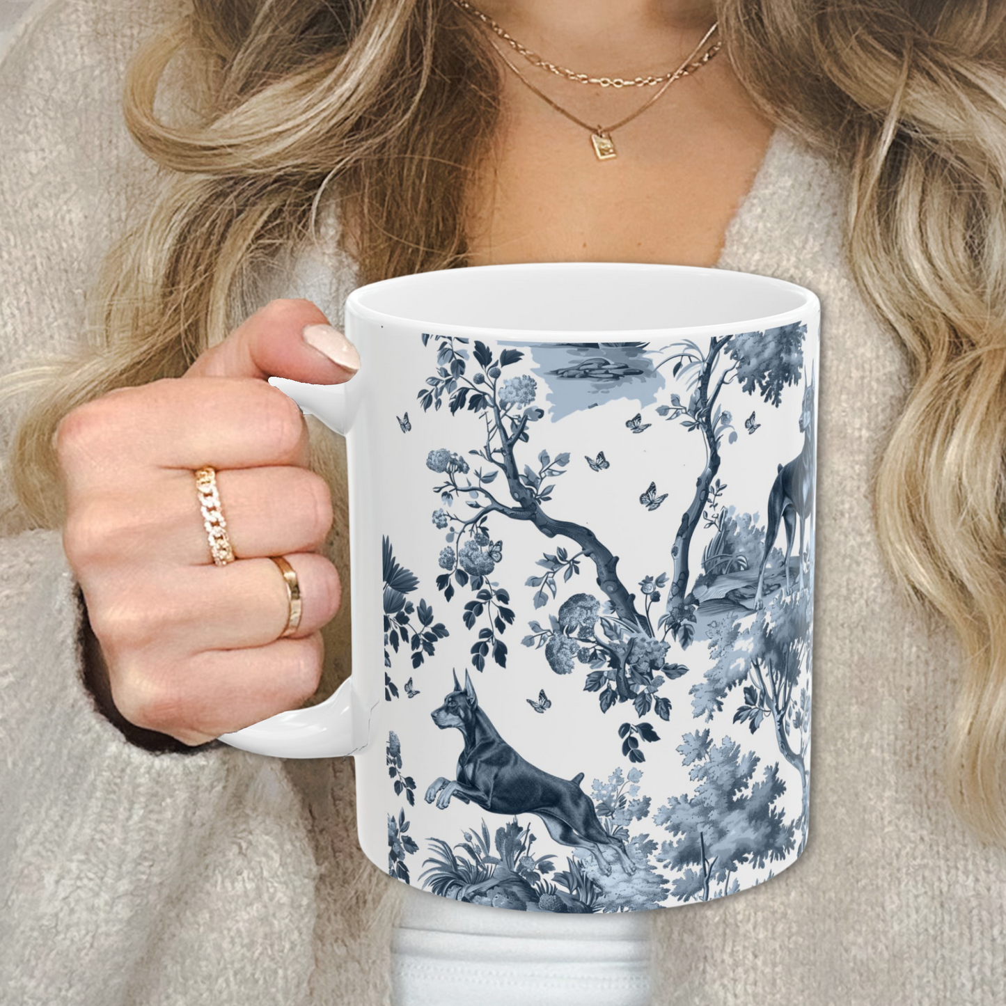 Doberman 2 Mug - Blue Toile Pattern