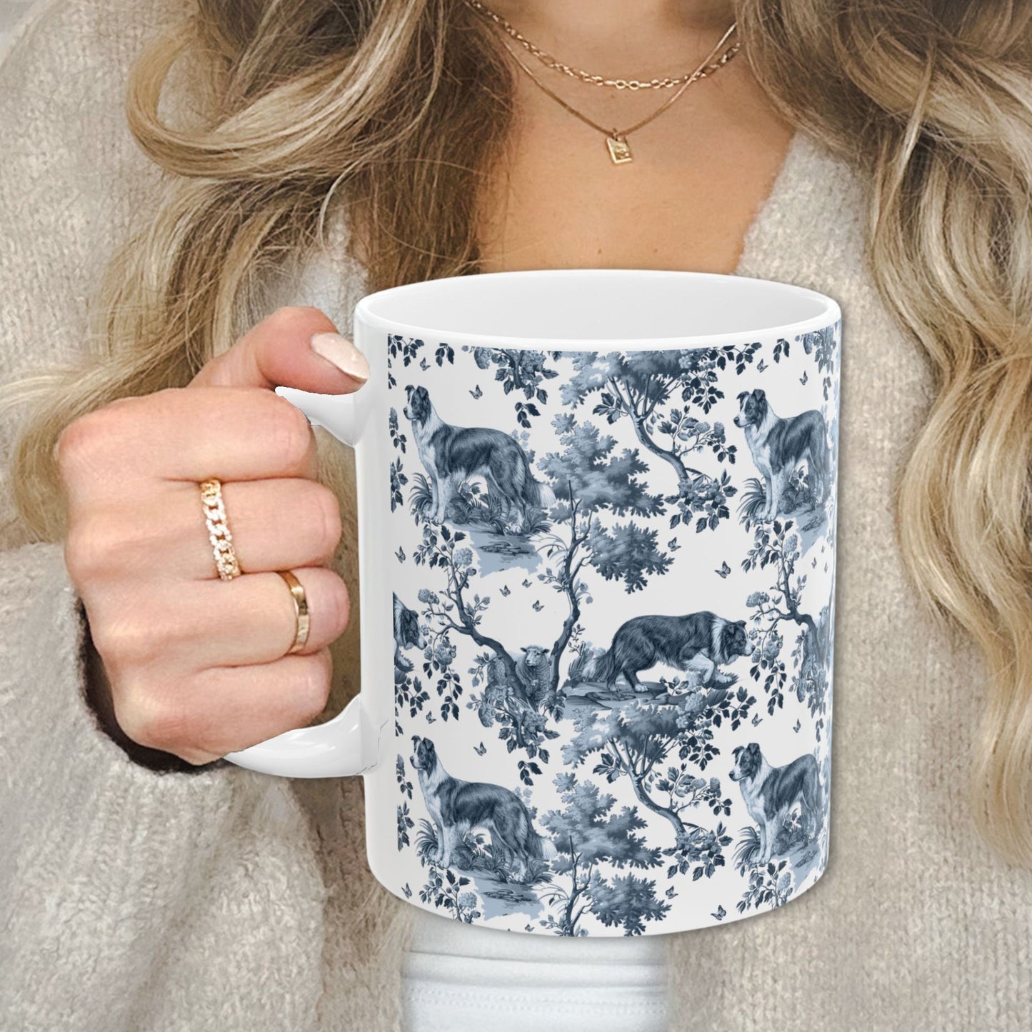 Border Collie Mug - Blue Toile Pattern