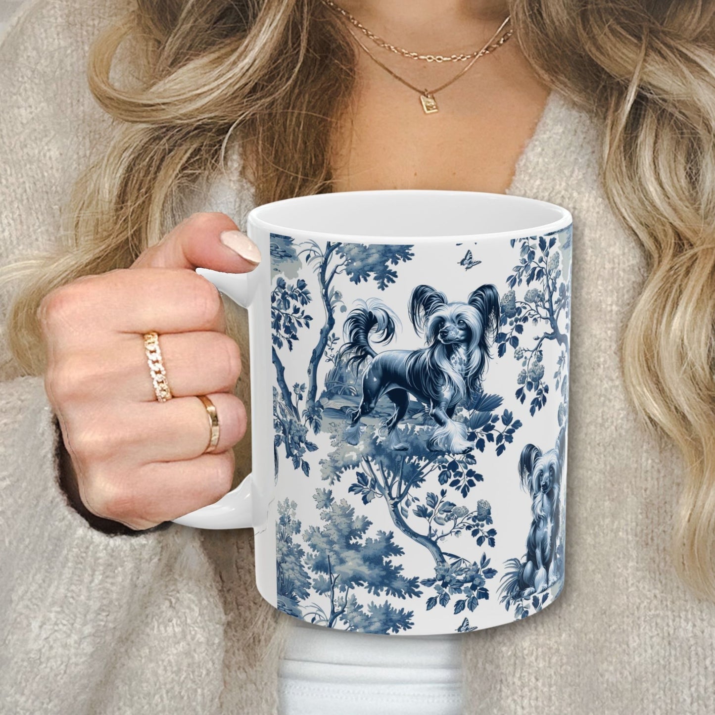 Chinese Crested Mug for Dog Mom, French Toile Dog Coffee Cup, Elegant Chinoiserie Tea Cup Gift for Dog Lover