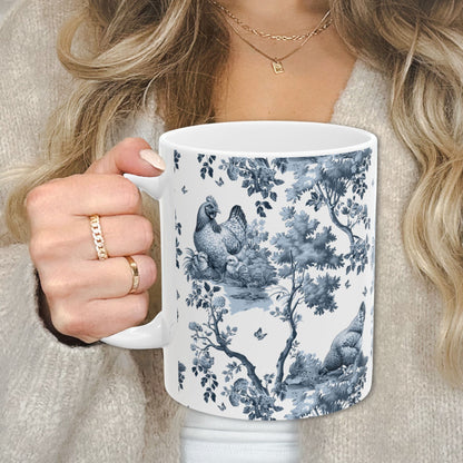 Chicken V2 Mug - Blue Toile Pattern