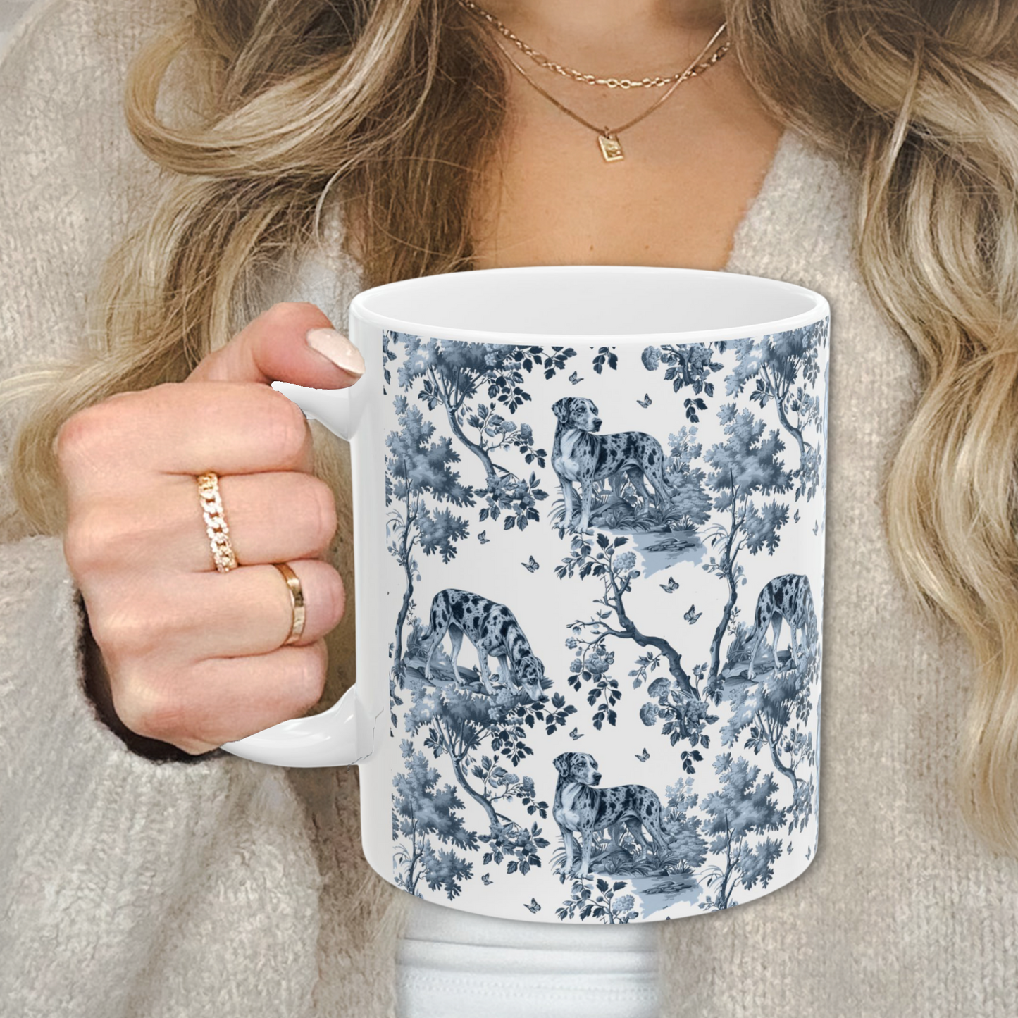 Catahoula Leopard Dog  Mug - Blue Toile Pattern