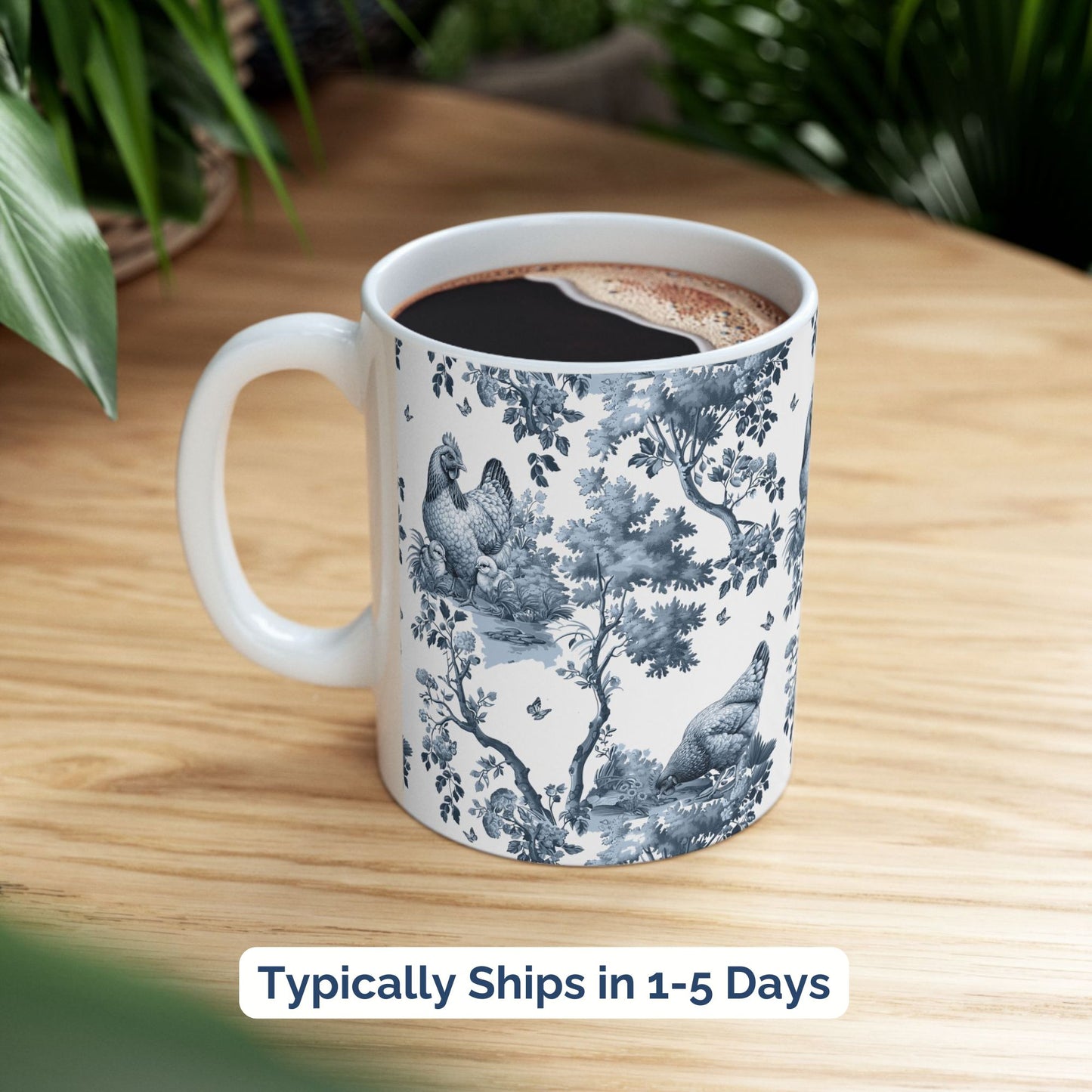Chicken V2 Mug - Blue Toile Pattern