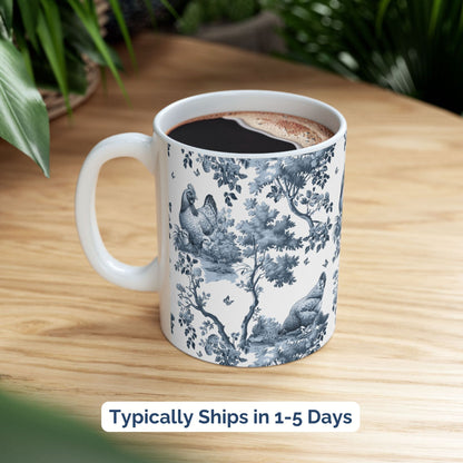 Chicken V2 Mug - Blue Toile Pattern