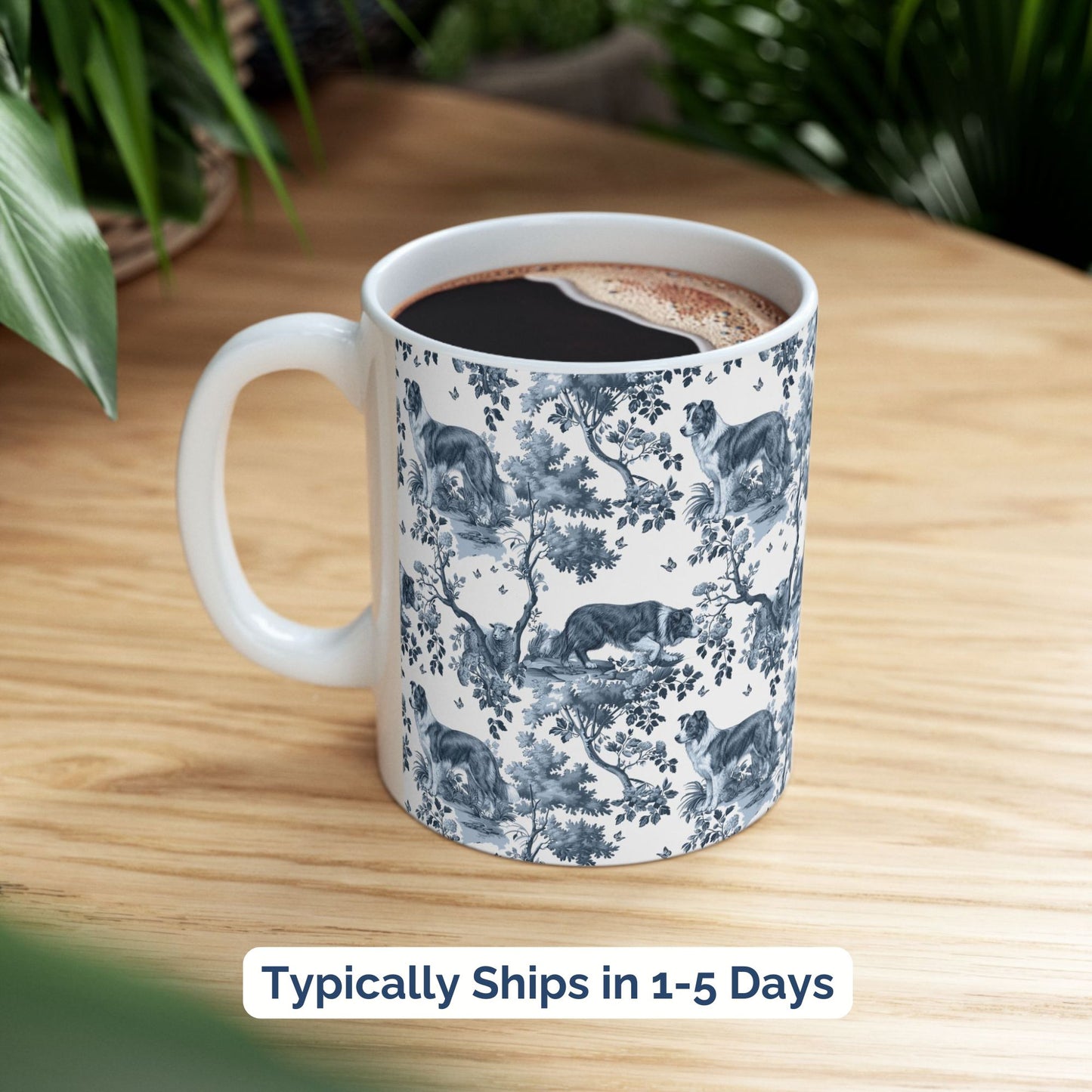 Border Collie Mug - Blue Toile Pattern