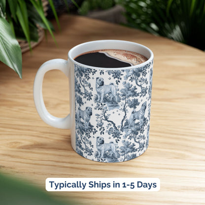 Blue toile Chinese Shar-Pei coffee cup styled on a wooden board in a festive setting