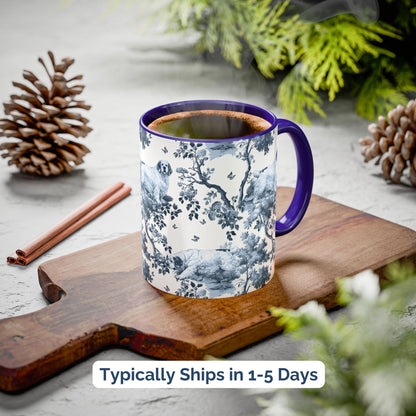Blue toile Clumber Spaniel coffee cup styled on a wooden board in a festive setting