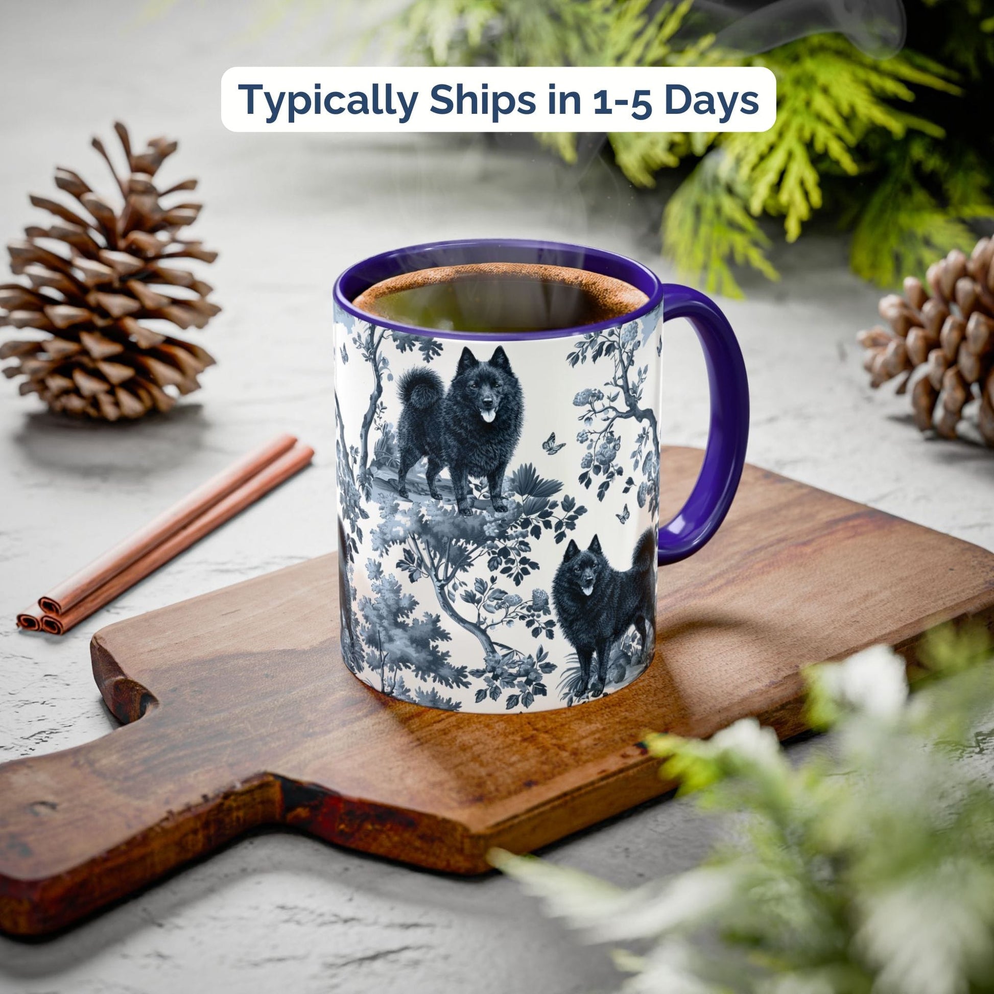 Blue toile Schipperke coffee cup styled on a wooden board in a festive setting
