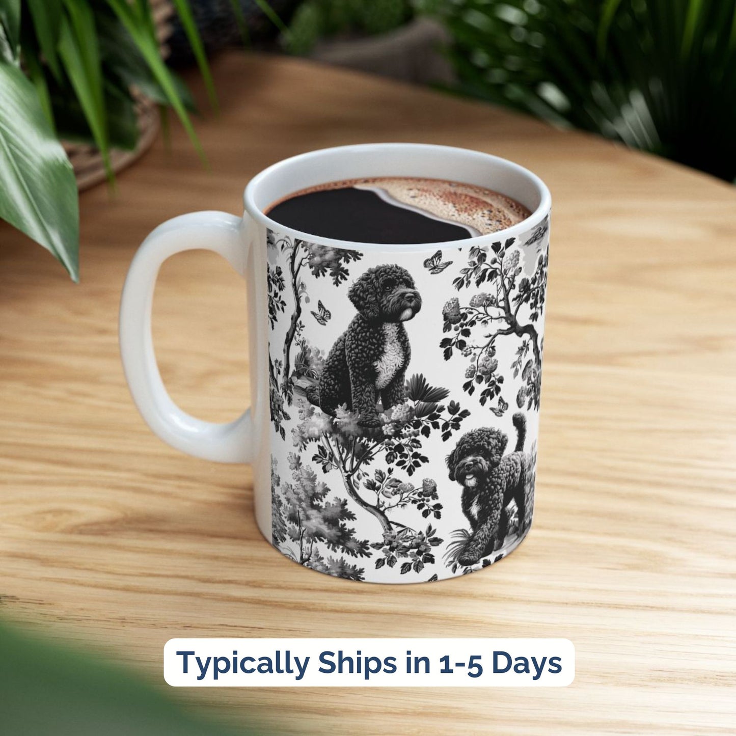 Black toile Portuguese Water Dog coffee cup styled on a wooden board in a festive setting