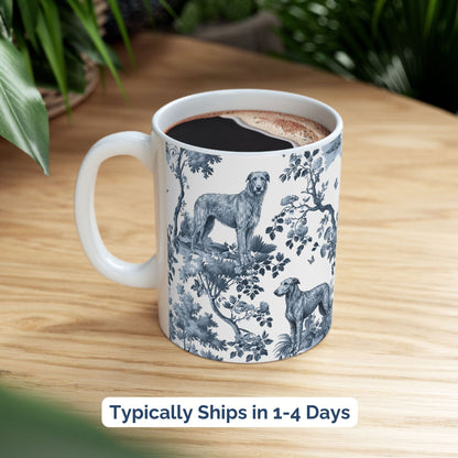 Blue toile Scottish Deerhound coffee cup styled on a wooden board in a festive setting