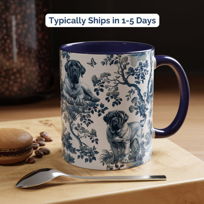 Blue toile English Mastiff coffee cup styled on a wooden board in a festive setting