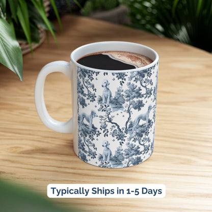 Blue toile Bedlington Terrier coffee cup styled on a wooden board in a festive setting