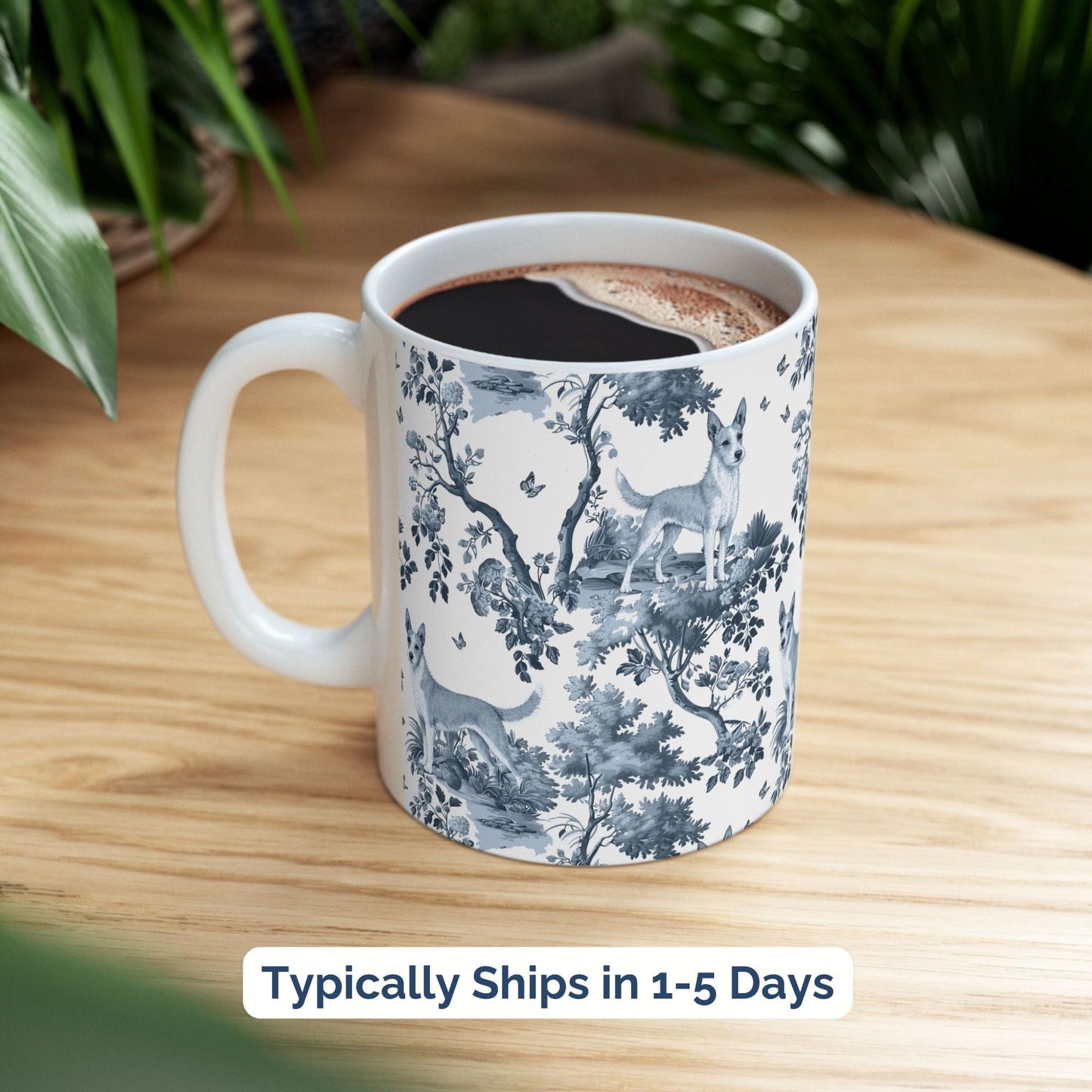Blue toile Portuguese Podengo coffee cup styled on a wooden board in a festive setting