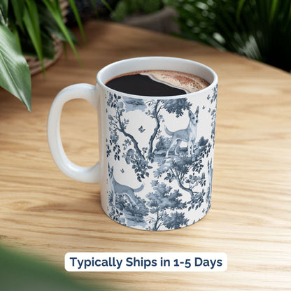Blue toile Portuguese Podengo coffee cup styled on a wooden board in a festive setting