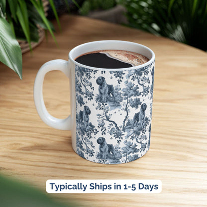 Blue toile Bouvier des Flandres coffee cup styled on a wooden board in a festive setting