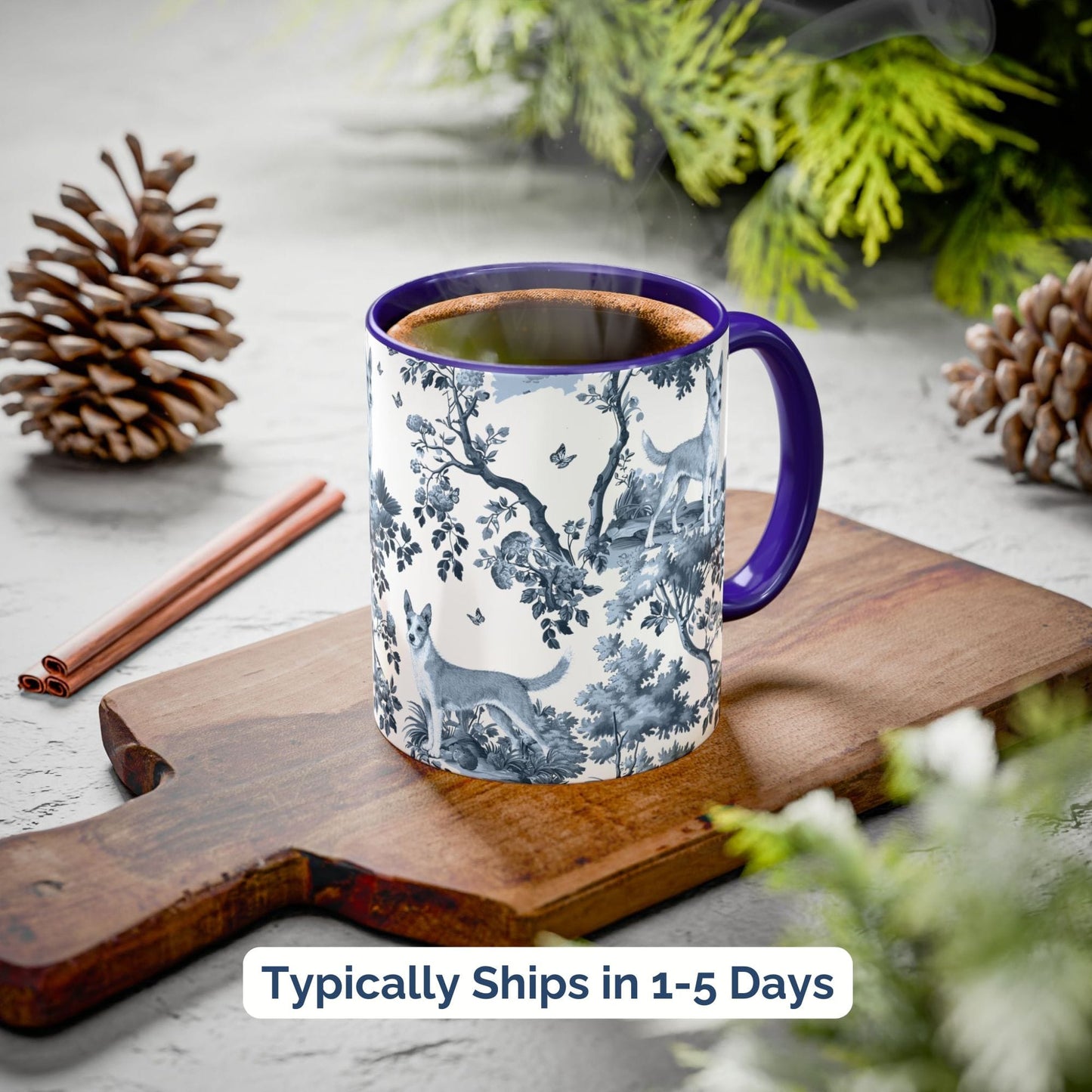 Blue toile Portuguese Podengo coffee cup styled on a wooden board in a festive setting