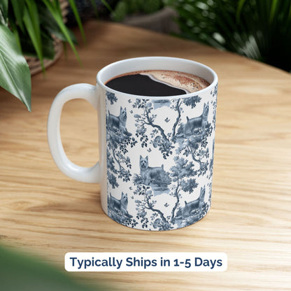 Blue toile Silky Terrier coffee cup styled on a wooden board in a festive setting