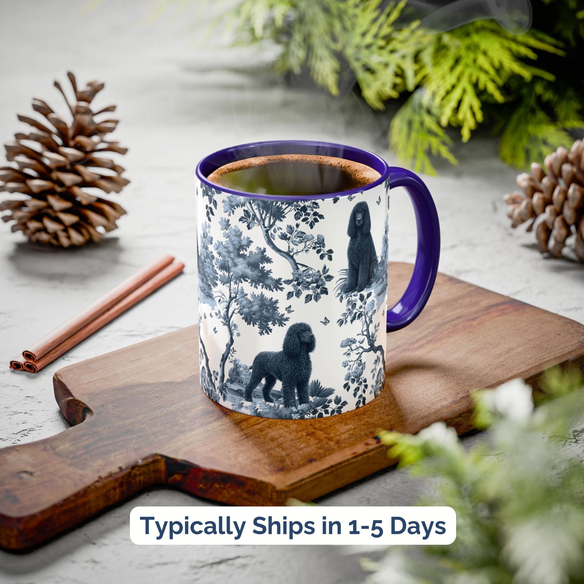 Blue toile Irish Water Spaniel coffee cup styled on a wooden board in a festive setting