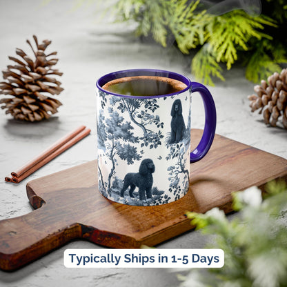 Blue toile Irish Water Spaniel coffee cup styled on a wooden board in a festive setting