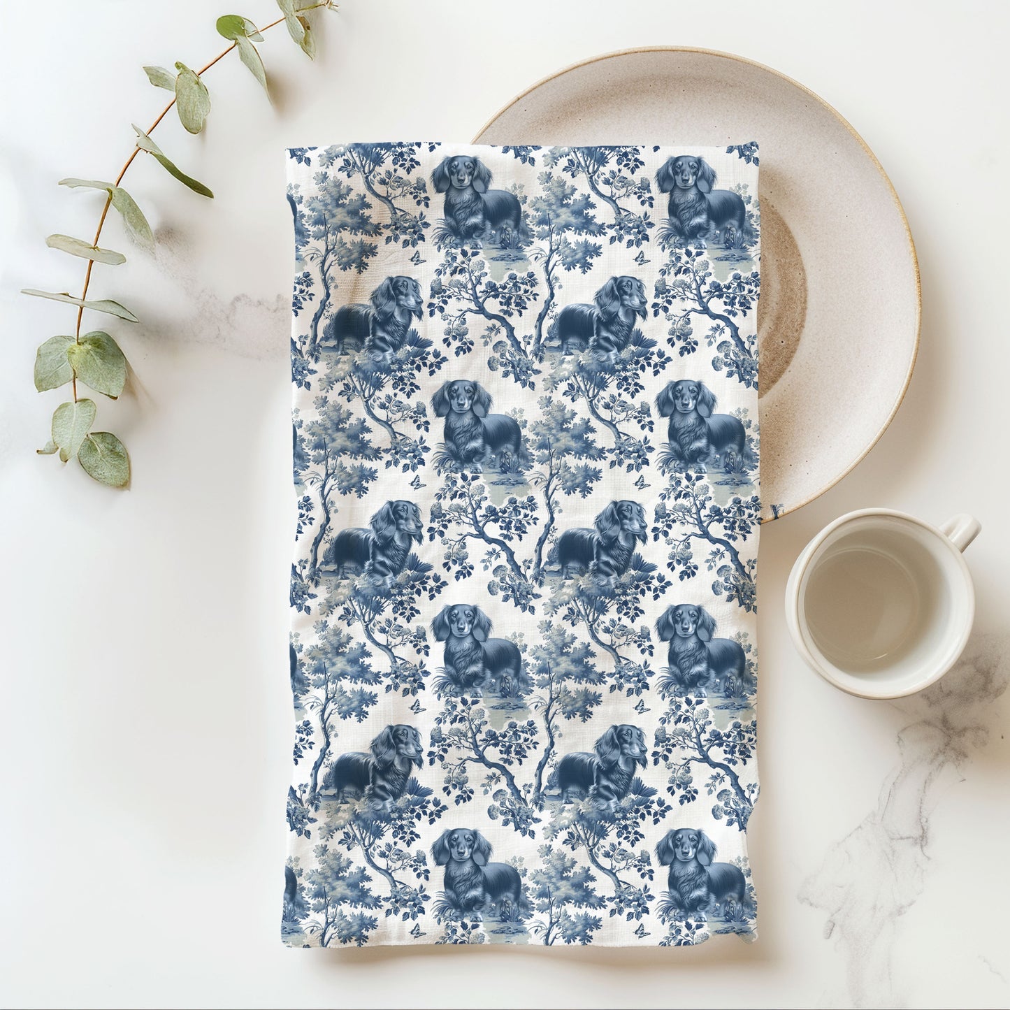 Longhaired Dachshund blue toile cotton tea towel