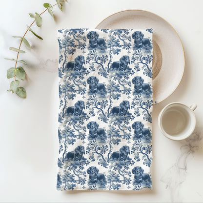 Longhaired Dachshund blue toile cotton tea towel